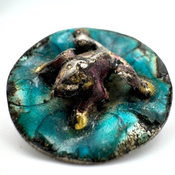 Chinese Antique Enamel Metal Frog Button Lily Pad Symbolizing Wealth & Prosperit - Picture 1 of 6